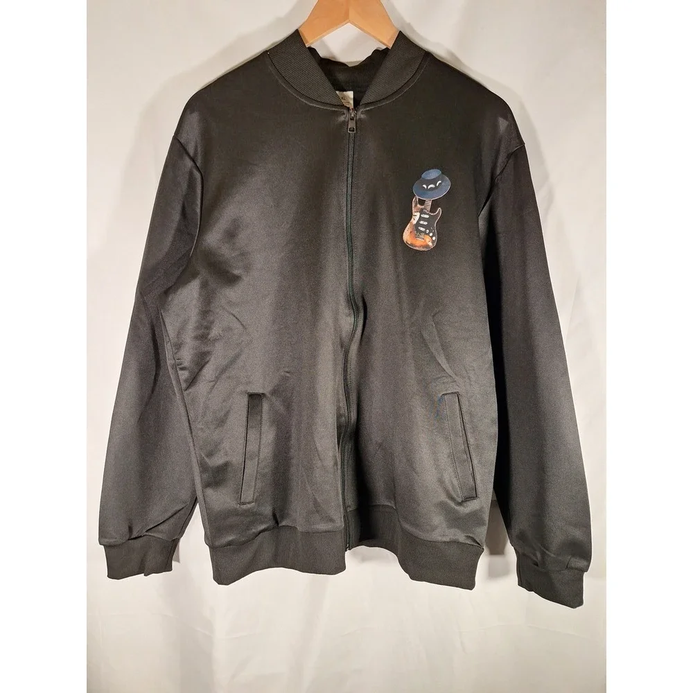Black Bomber Jacket Guitar with Hat Graphic Print Mens XL Full Zip Streetwear